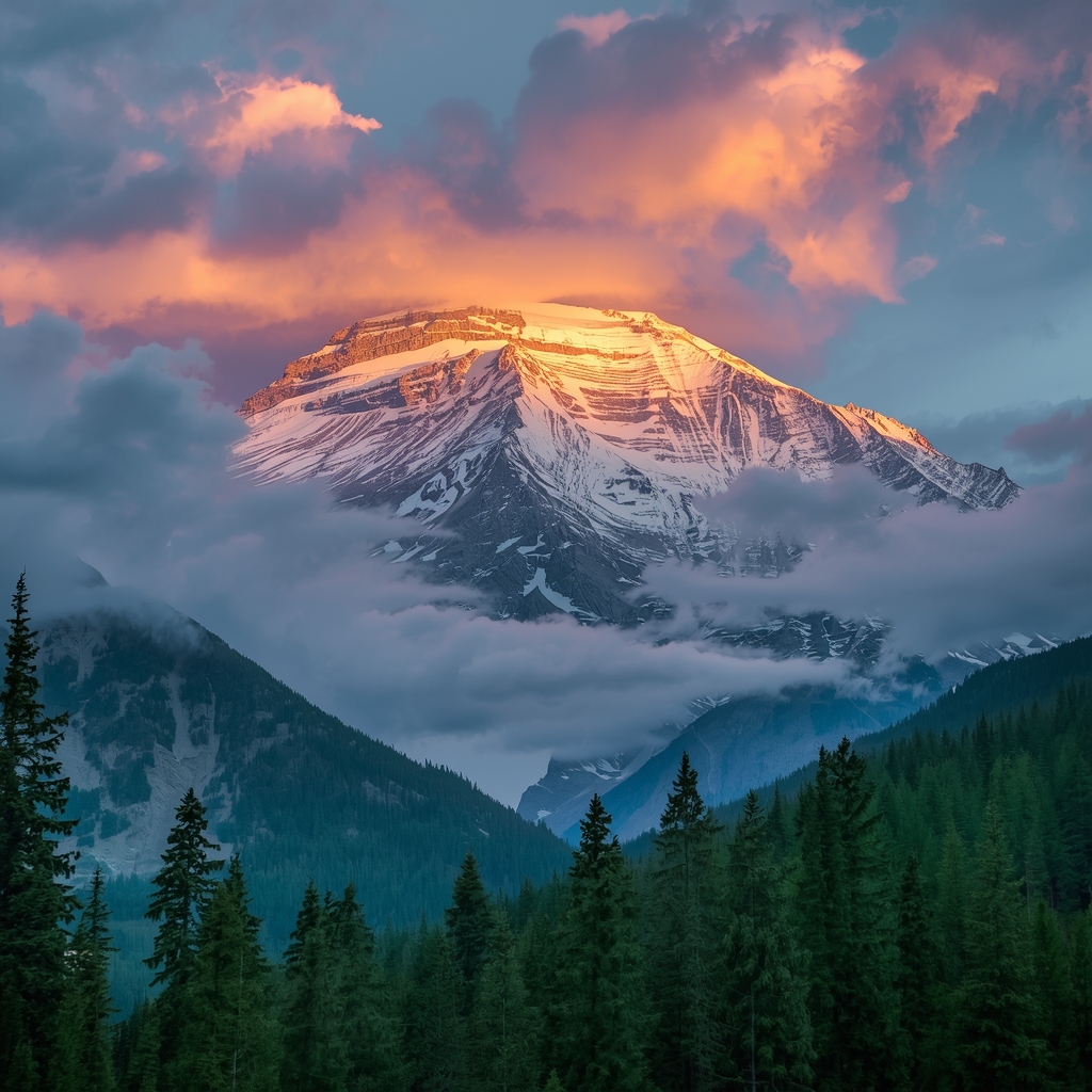A hyper-realistic landscape photo of a majestic, snow-capped mountain peak at sunrise, vibrant golden and pink light hitting the summit, dense eternal green pines in the foreground, highly detailed, dramatic clouds, 8k resolution, nature photography --no people