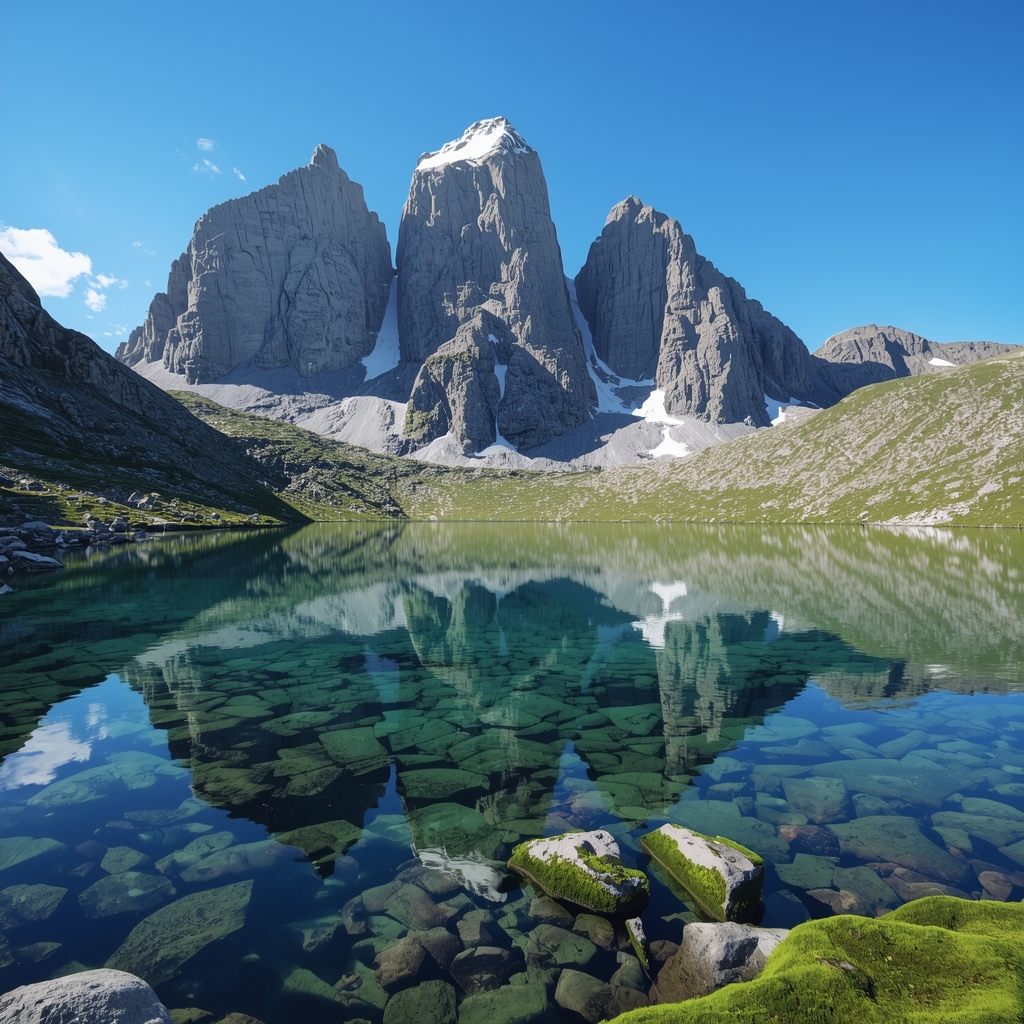 A serene ultra-realistic crystal clear alpine lake mirroring a colossal, jagged rocky mountain range, brilliantly clear blue sky, vibrant emerald moss and rocks at the shore, majestic landscape --no people