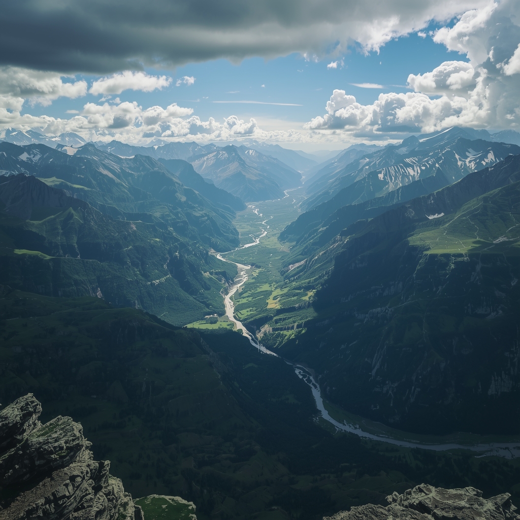 A spectacular panoramic view from a high mountain ridge looking down into an expansive, lush green glacial valley, winding river, dramatic shadows cast by clouds, photorealistic --no people